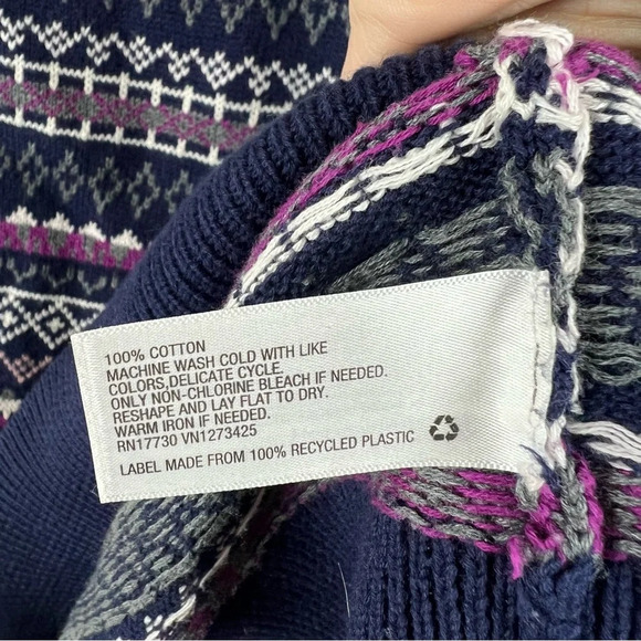 Mossimo Fair Isle Crew Neck Sweater 100% Cotton Navy Blue Pink Ski Cabin Medium - Picture 7 of 10